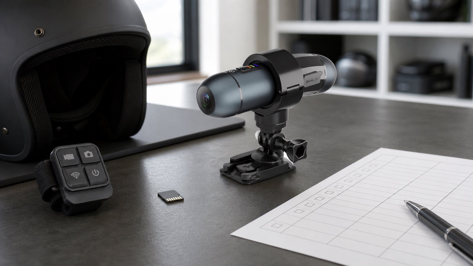 S50+ helmet action camera, wrist remote and Micro SD card arranged for a distributor sample-evaluation checklist